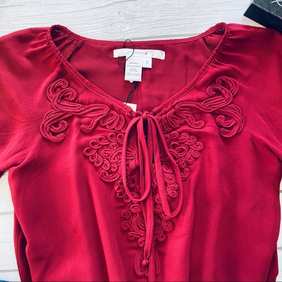 Studio M Detailed Flowing Lace Up Peasant Blouse S - Picture 2 of 5